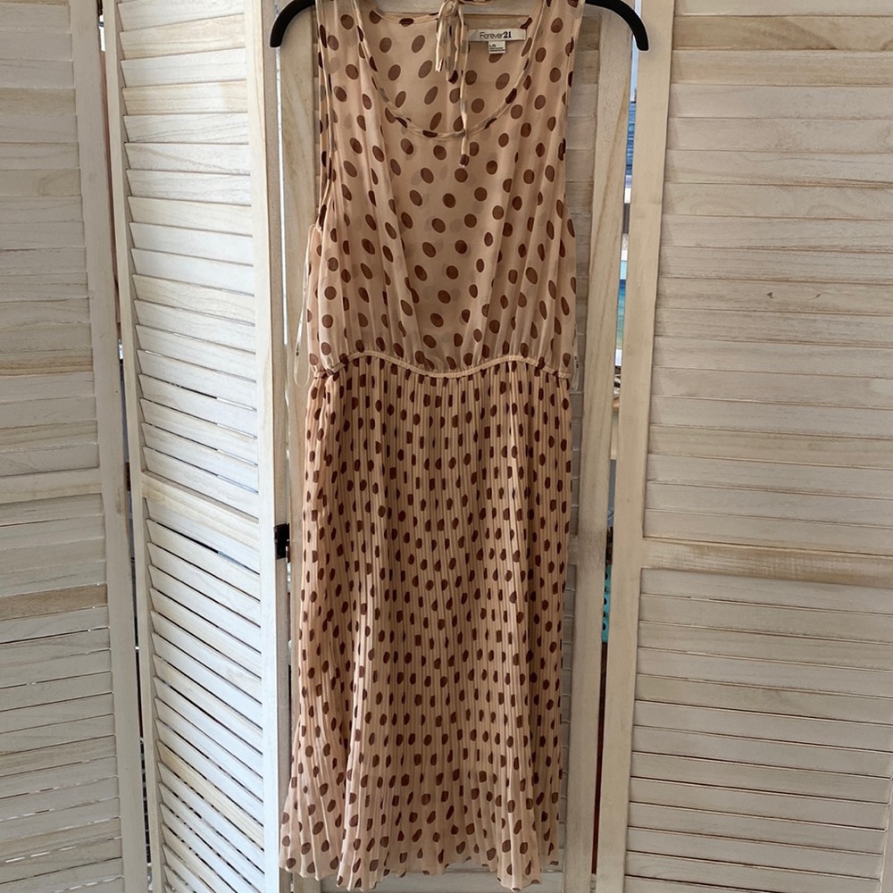 Brown polka dot on cream pleated skirt dress